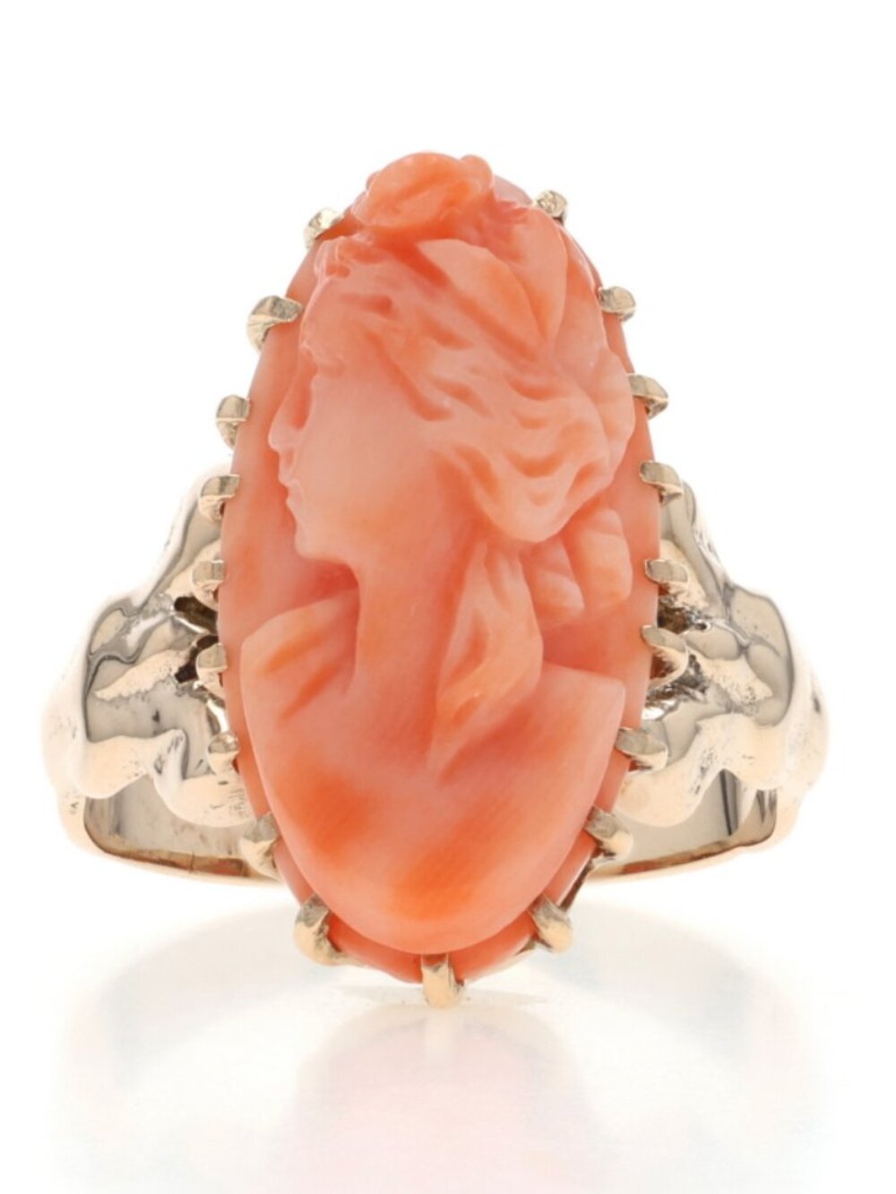 Yellow Gold Coral Edwardian Cocktail Solitaire Ring - 10k Carved Cameo Antique